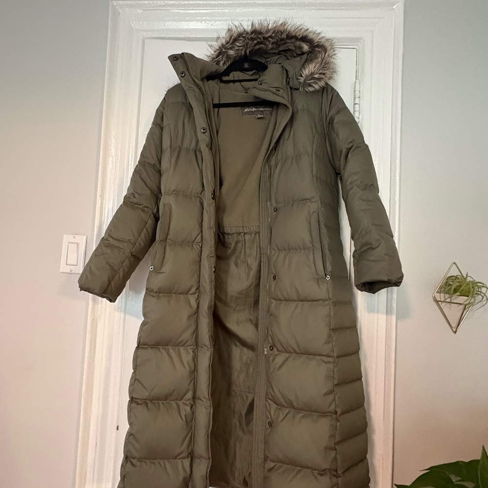 Eddie Bauer Women's Green Puffer Coat with Faux Fur Hood